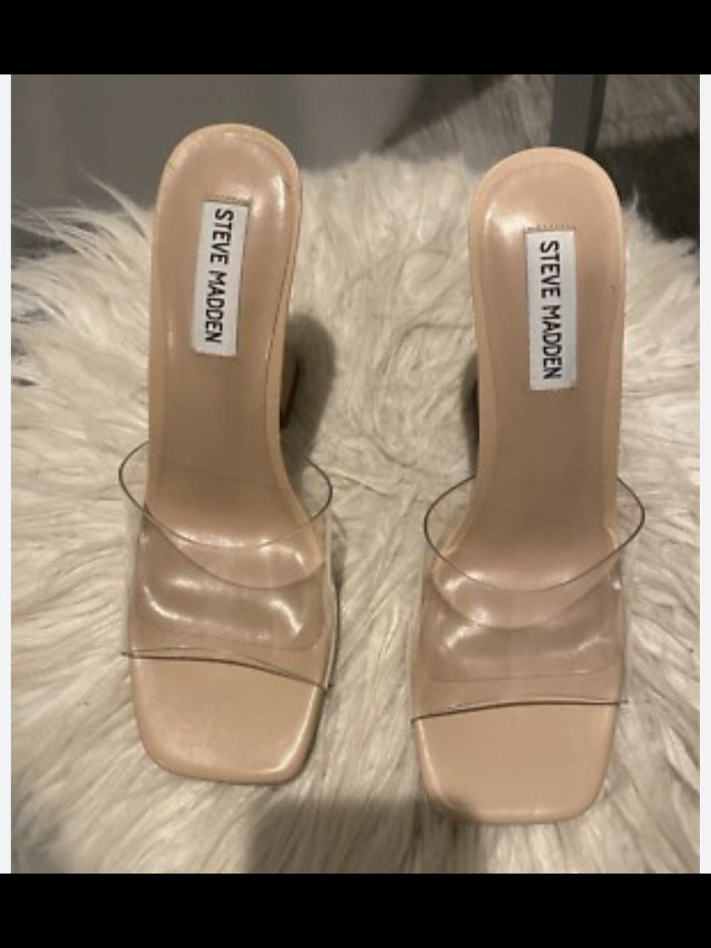 Steve Madden Clear Double-Strap Nude Square-Toe Mules